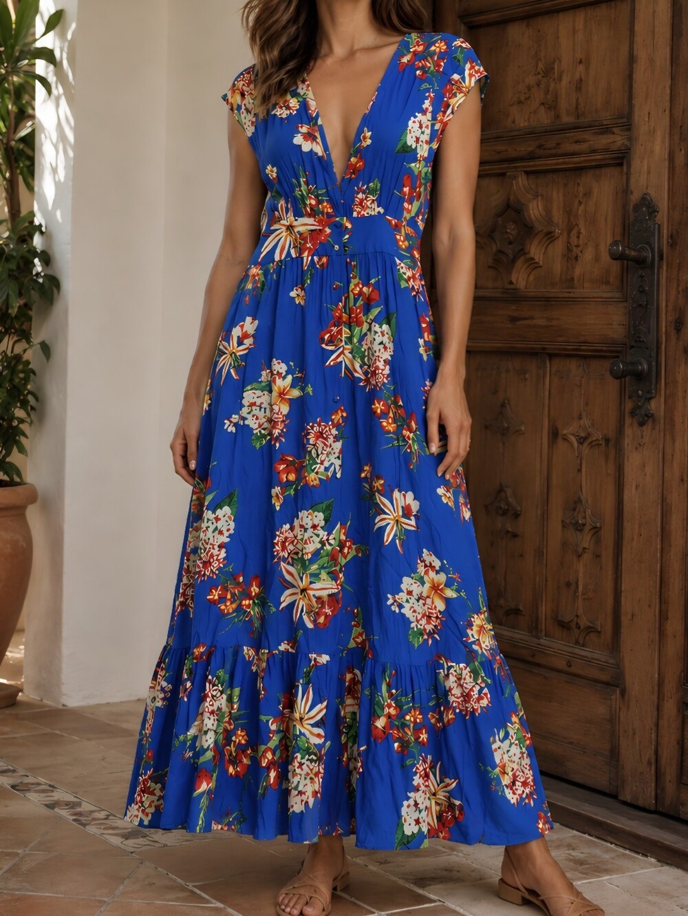 Express Royal Blue Tropical Floral Maxi Dress